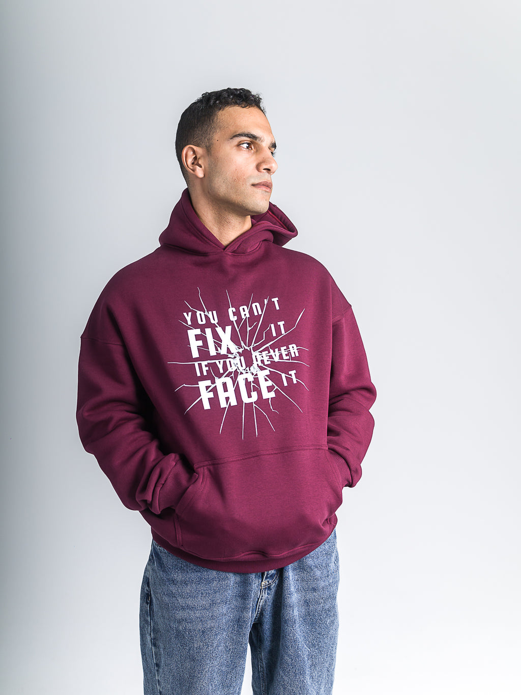 Burgundy "You Can't Fix It If You Never Face It" Oversized Hoodie