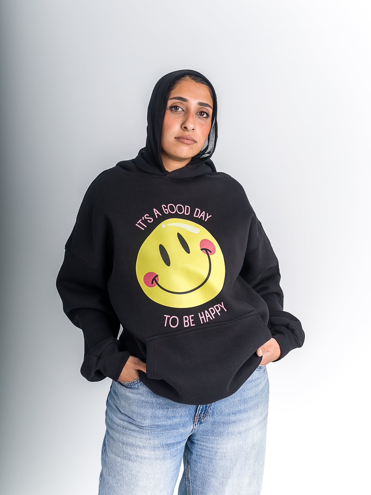 Black "Good Day To Be Happy" Oversized Hoodie