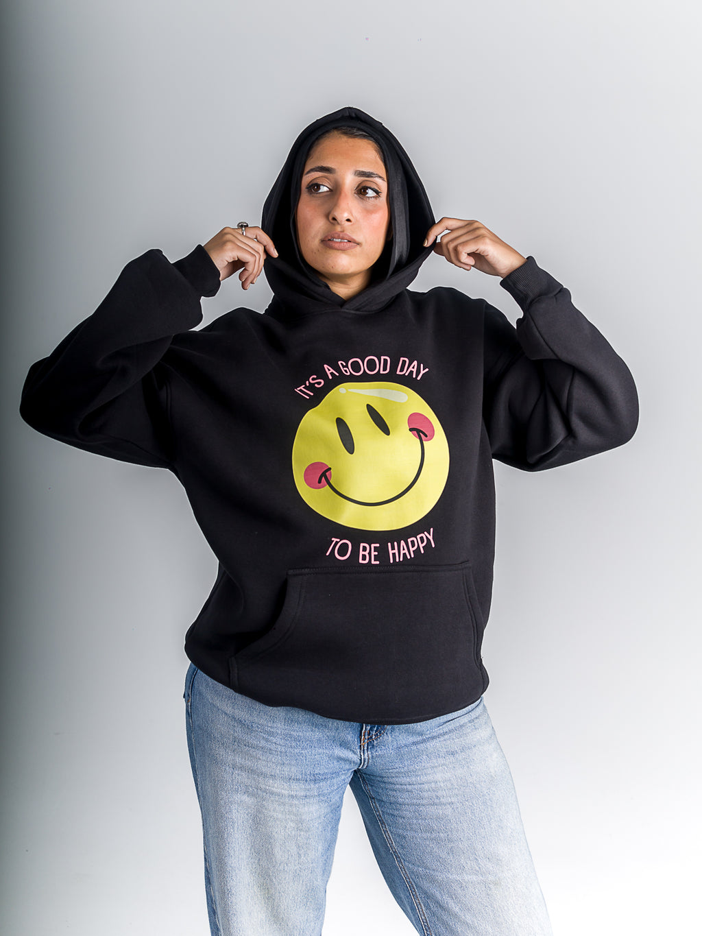 Black "Good Day To Be Happy" Oversized Hoodie