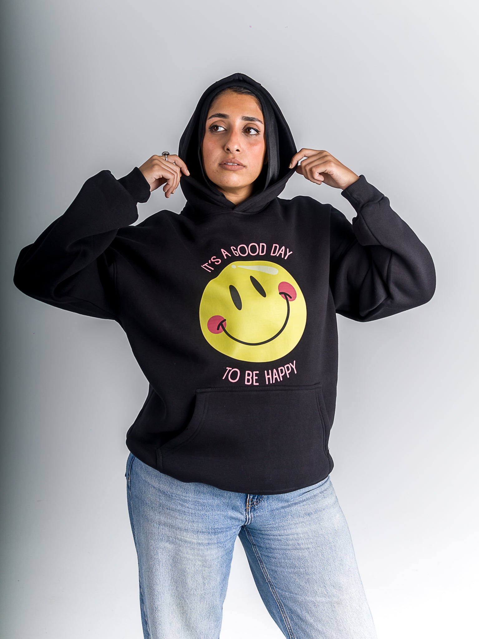 Black "Good Day To Be Happy" Oversized Hoodie